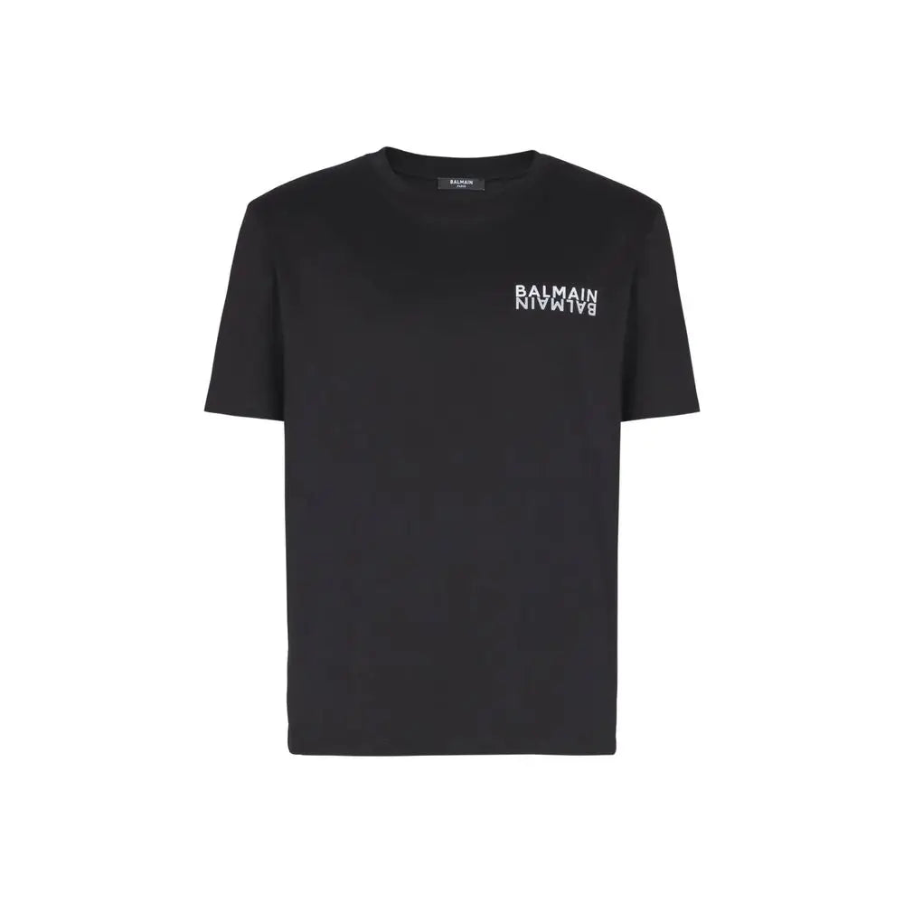 Balmain black cotton t-shirt with white balmain logo printed on the chest
