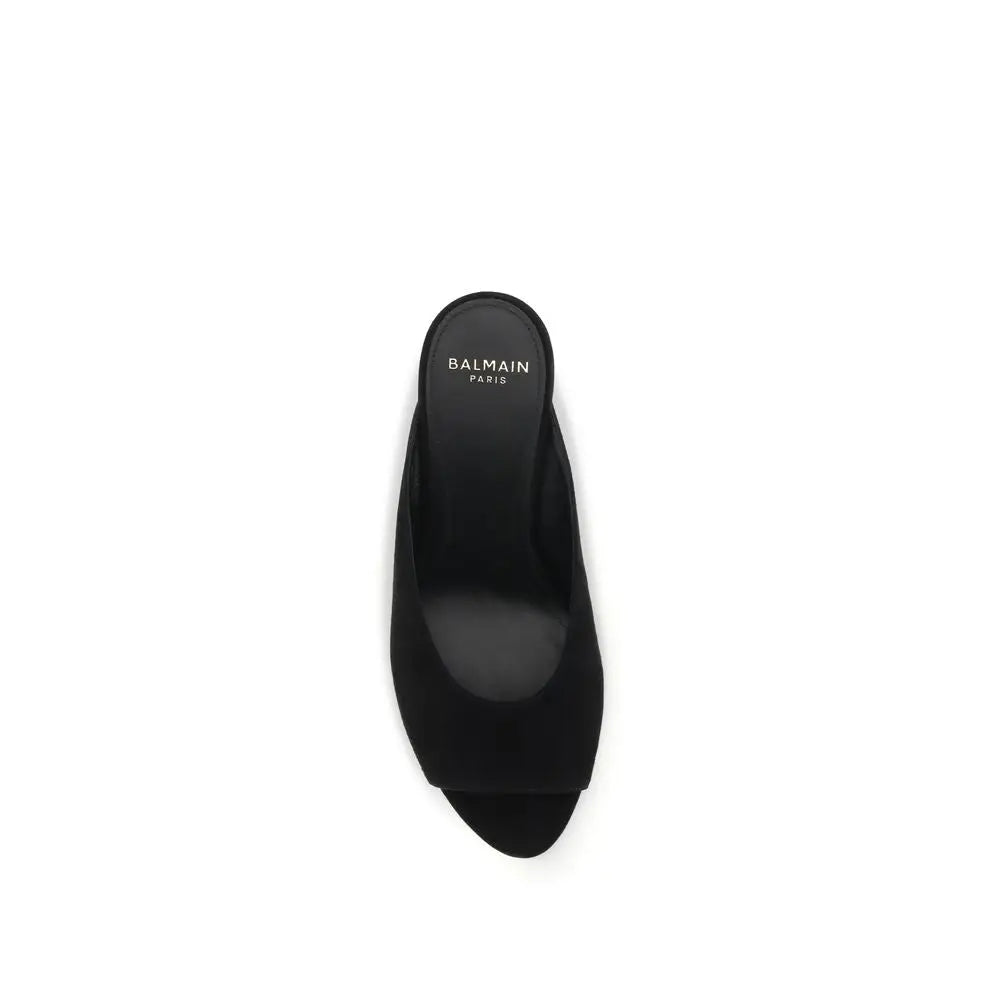 Balmain black goatskin mules with black suede heel shown from the back side