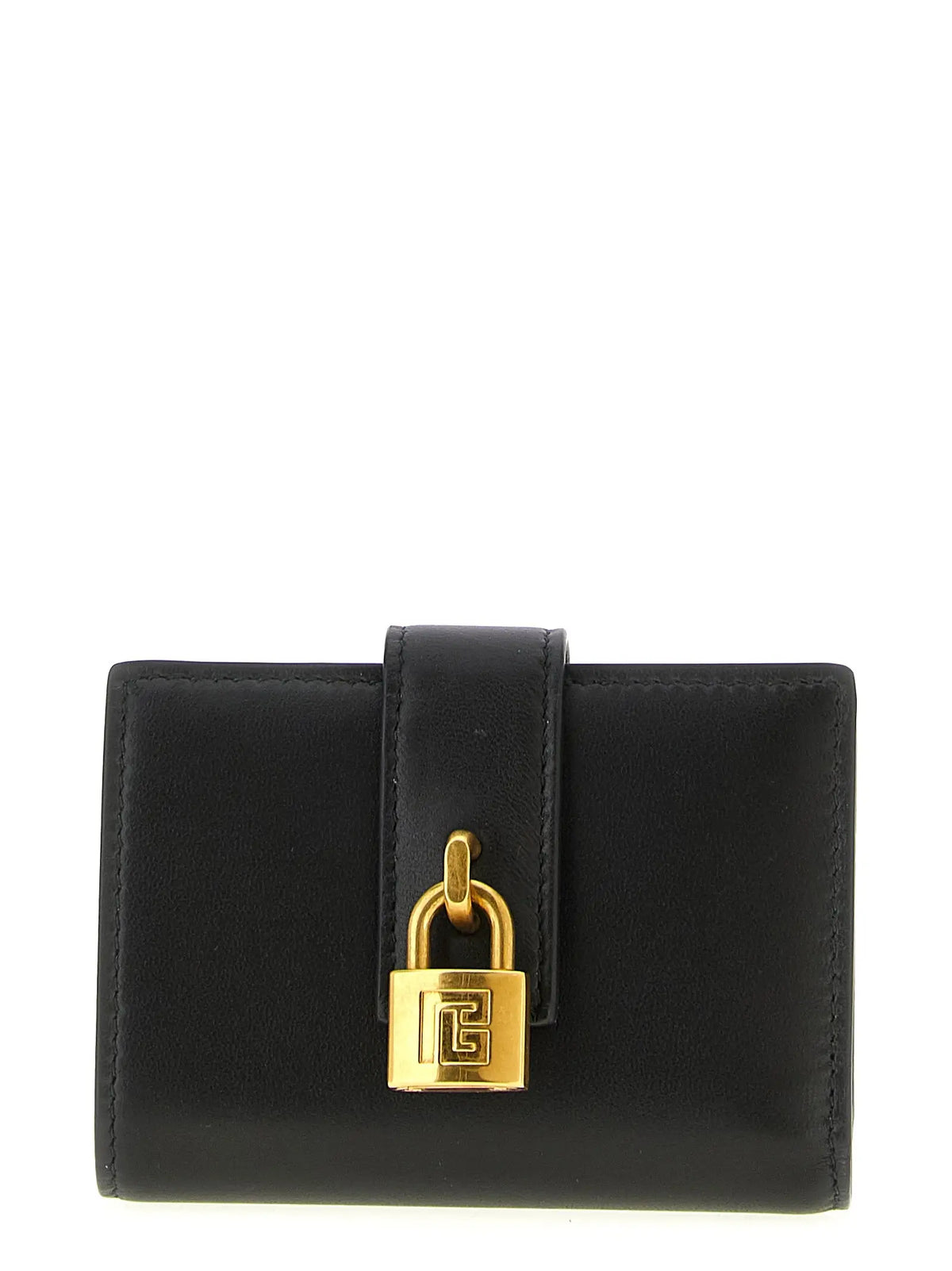 Portefeuille balmain en cuir dagneau noir avec cadenas doré à motif grec pour cartes