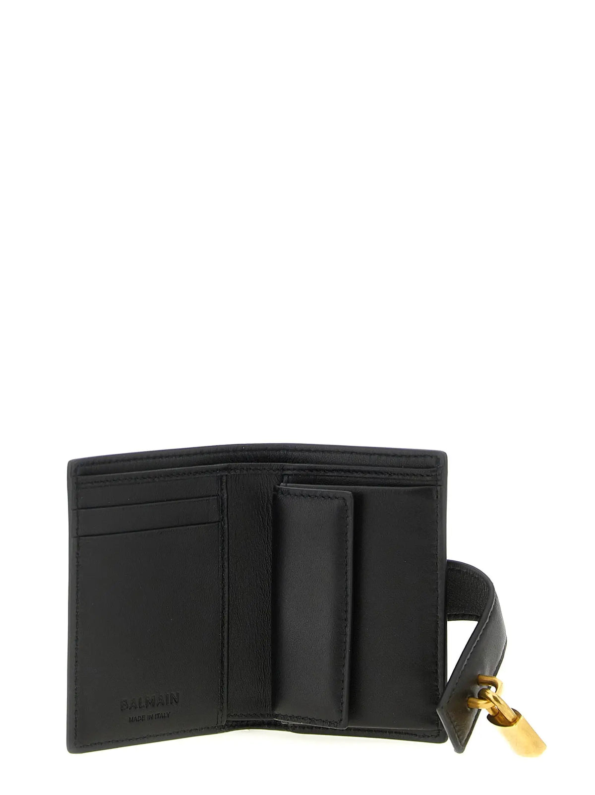 Porte-cartes balmain en cuir dagneau noir avec fermoir cadenas doré en cuir de qualité supérieure