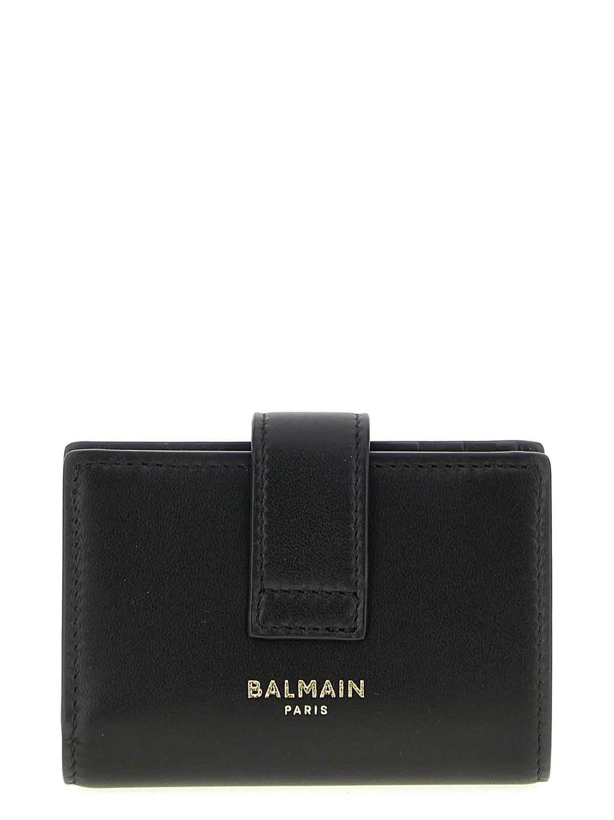 Balmain black lamb leather cardholder with gold-tone branding and minimalist flap closure in black leather