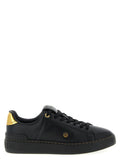 Balmain black lamb leather low top sneakers with gold-tone heel tab and eyelets and contrasting stitching