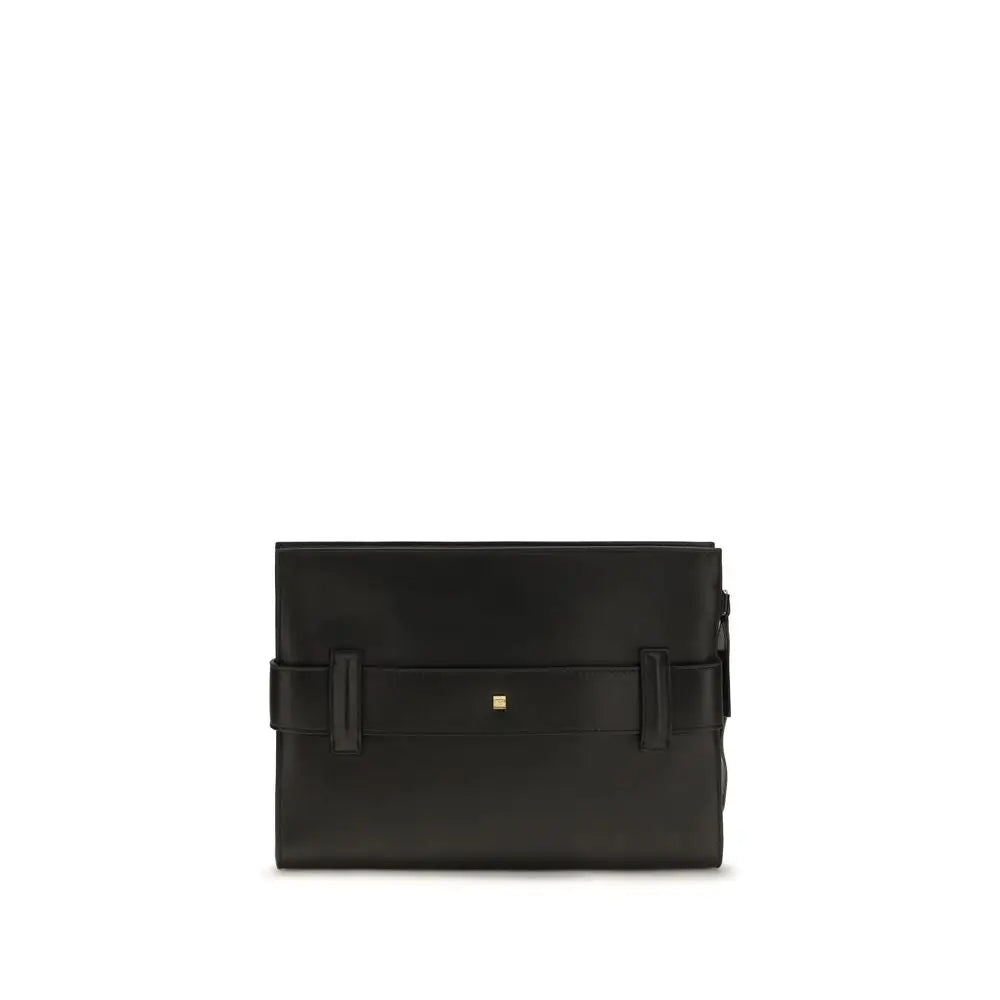 Clutch balmain noir en cuir dagneau avec sangle centrale style ceinture et ferrures dorées