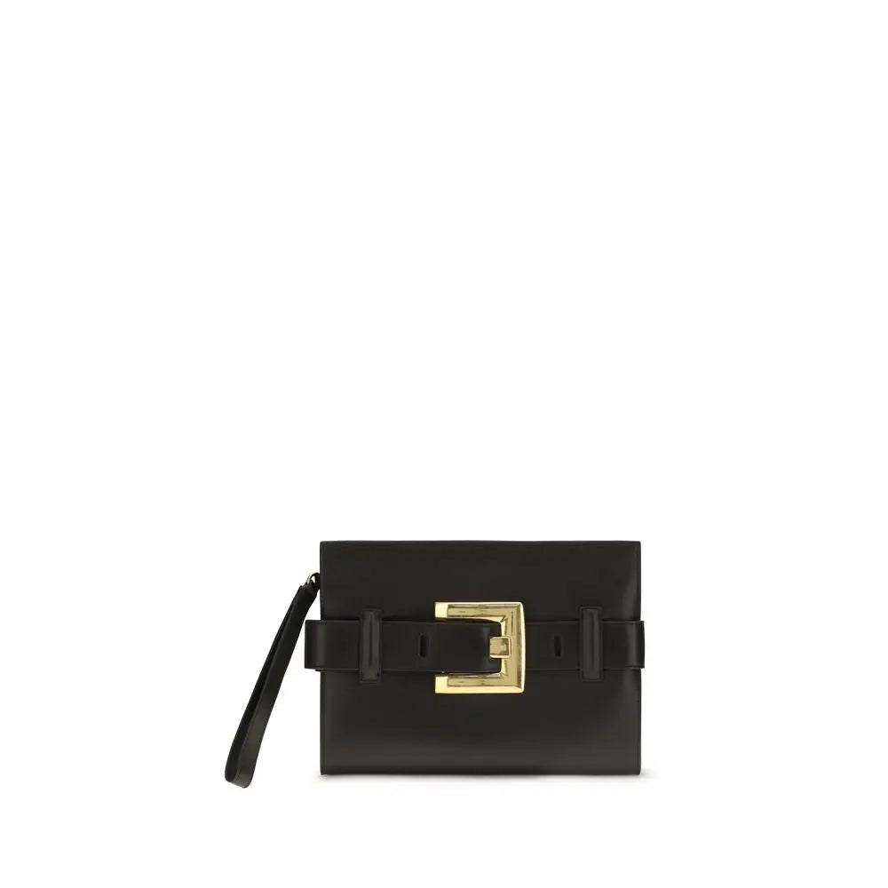 Balmain black lamb ovis aries clutch bag en cuir noir avec boucle rectangulaire dorée et bracelet assorti