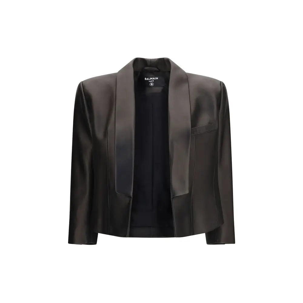 Blazer balmain noir en cuir ovis aries avec finition satinée et épaules structurées