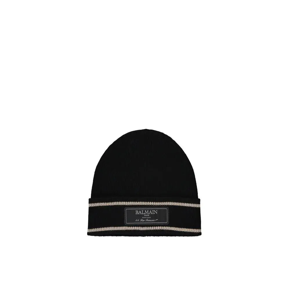 Bonnet balmain noir en laine mérinos avec bord-côte à rayures métalliques argentées et étiquette rectangulaire