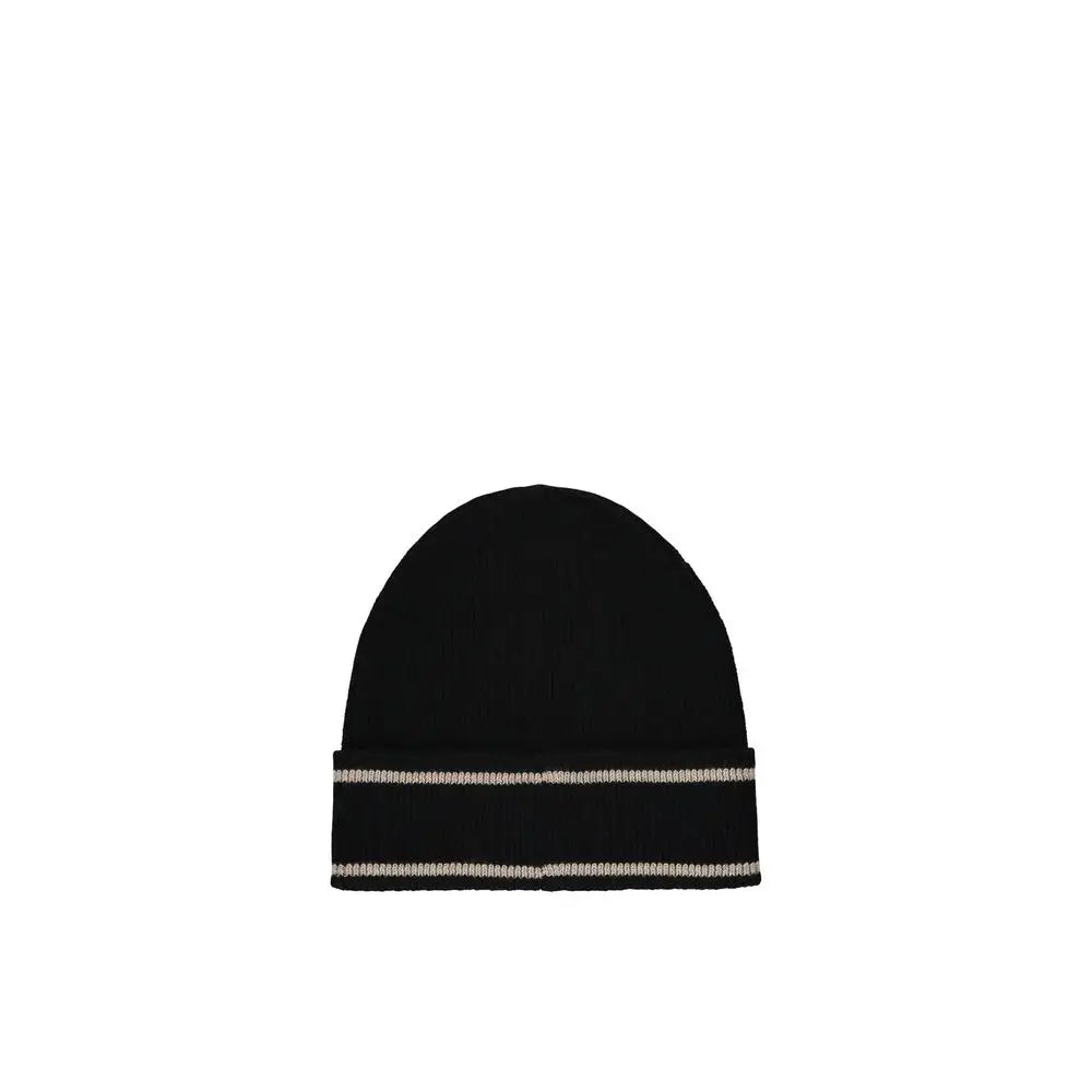 Balmain beanie noir en laine mérinos avec bord côtelé et deux bandes réfléchissantes argentées horizontalement