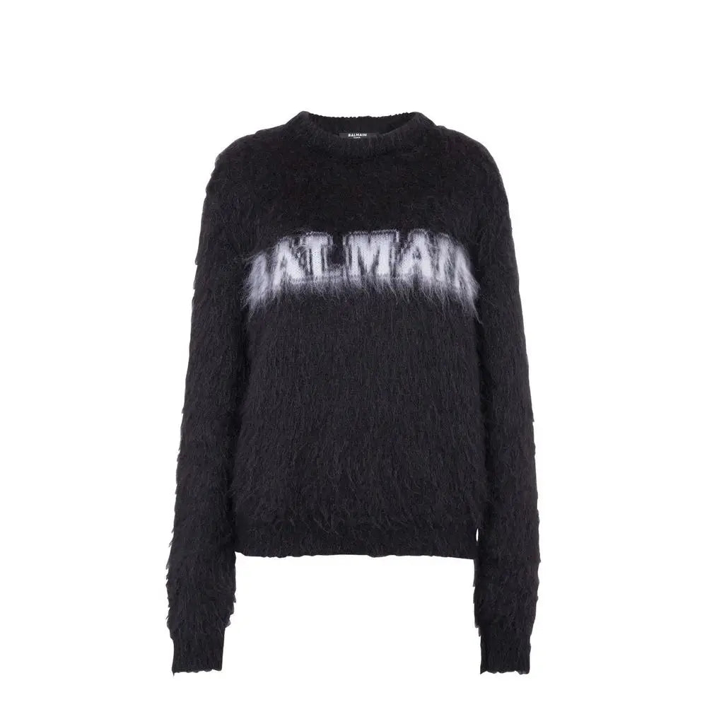 Sweatshirt balmain noir en mohair avec logo balmain blanc en maille pelucheuse sur la poitrine