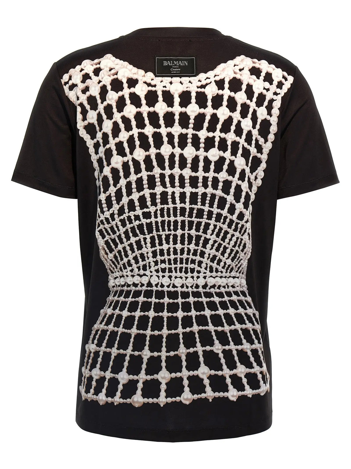 T-shirt balmain noir en coton biologique avec un design mesh perle blanche sur le dos