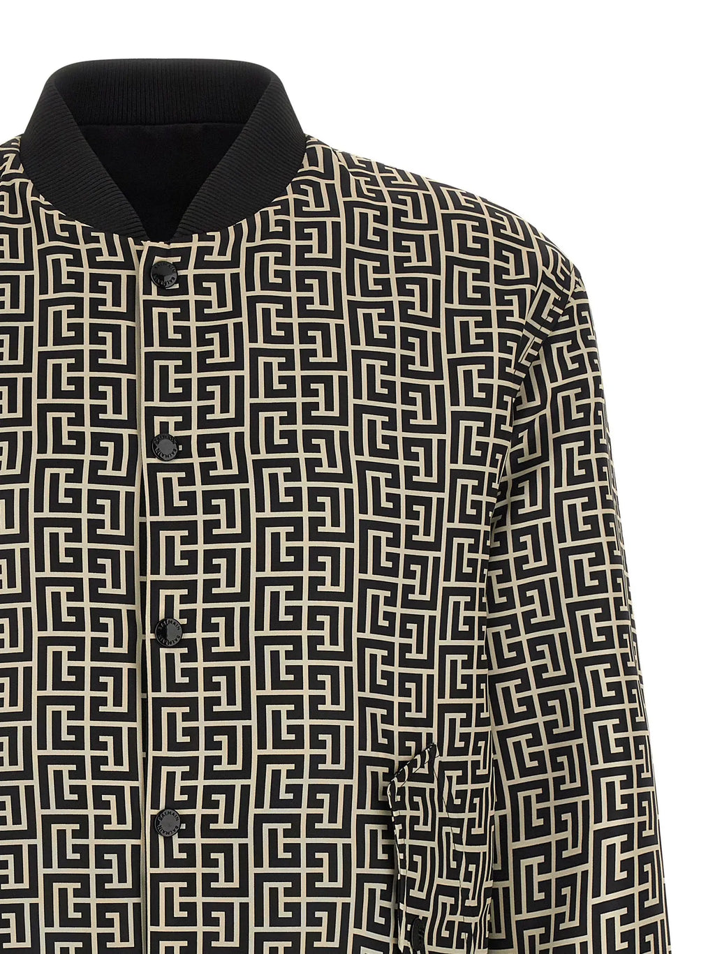 Veste bomber balmain en polyamide noir et crème avec un motif géométrique répétitif