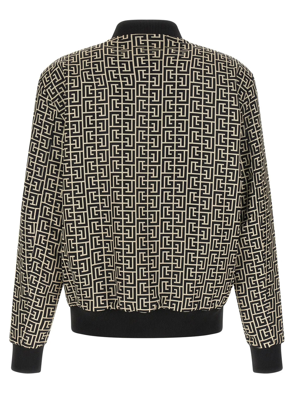 Veste bomber balmain noire en polyamide avec motif géométrique noir et crème, poignets col et taille côtelés