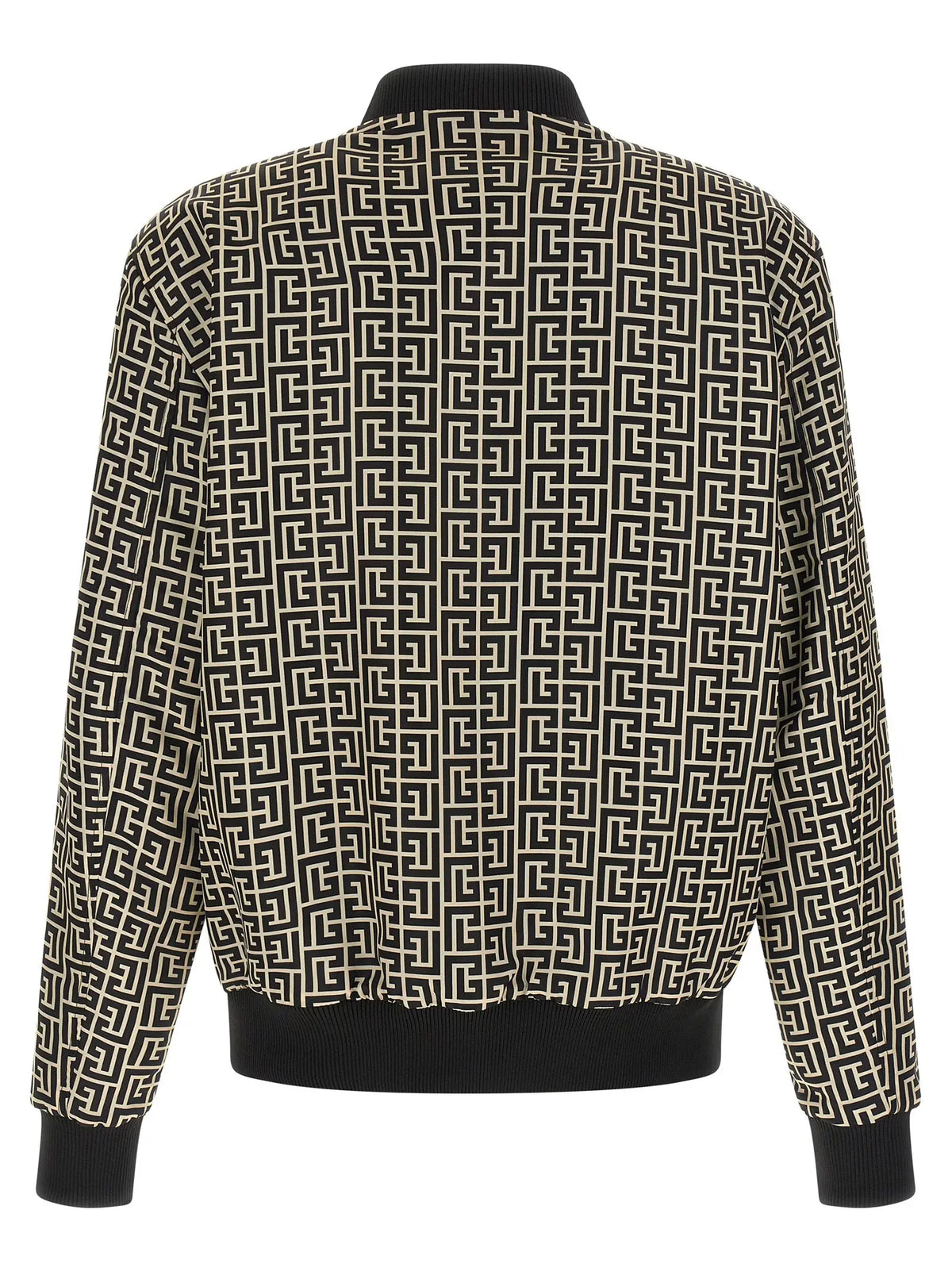 Veste bomber balmain noire en polyamide avec motif géométrique noir et crème, poignets col et taille côtelés