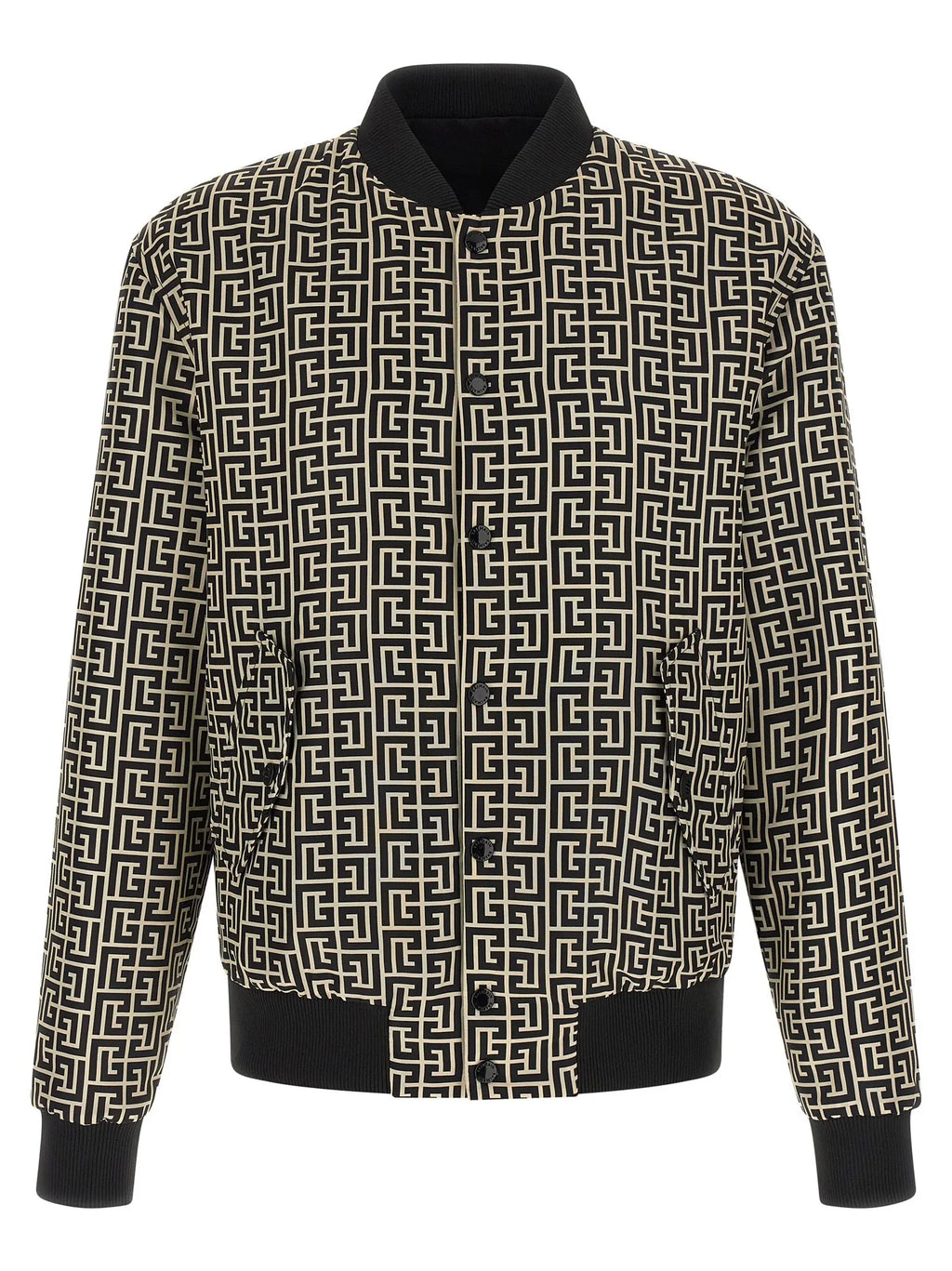 Blouson bomber balmain noir en polyamide avec motif géométrique répétitif noir et crème sur le tissu