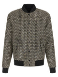 Blouson bomber balmain noir en polyamide avec motif géométrique répétitif noir et crème sur le tissu