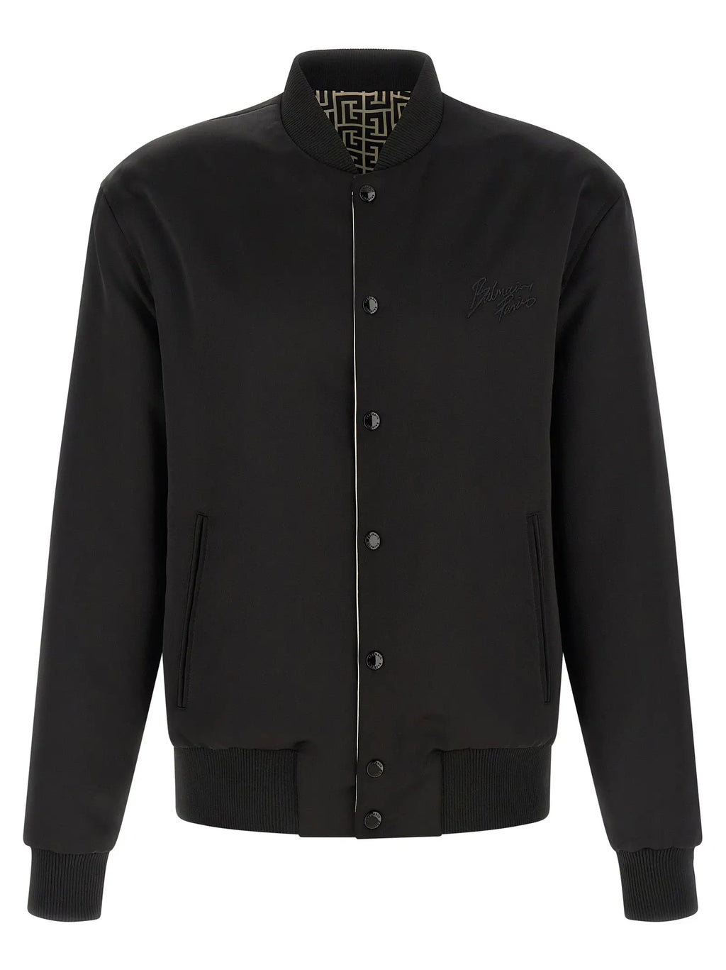 Blouson aviateur noir balmain en polyamide avec logo brodé subtil et doublure géométrique contrastée au col