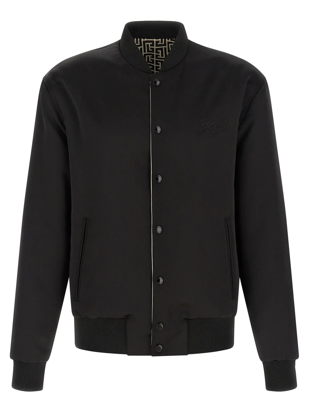 Blouson aviateur noir balmain en polyamide avec logo brodé subtil et doublure géométrique contrastée au col