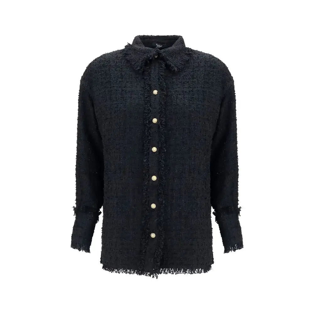 Chemise balmain noire en tweed texturé en polyamide avec boutons et poignets et ourlet effilochés