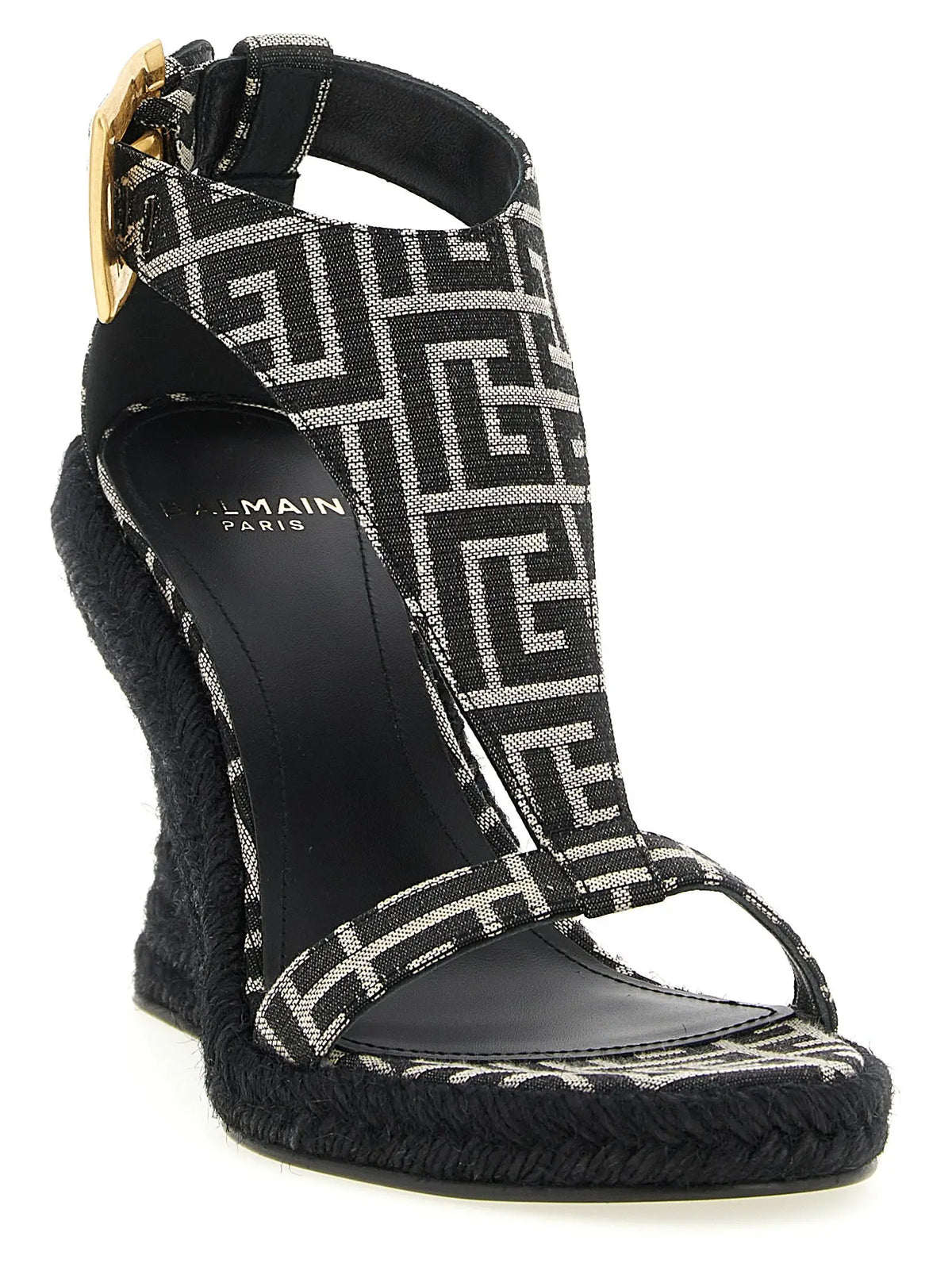 Sandales compensées balmain noires en polyester avec motif noir et blanc et boucle dorée