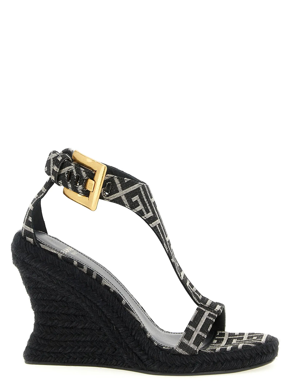Sandales compensées balmain noires en polyester avec motif géométrique et boucle dorée