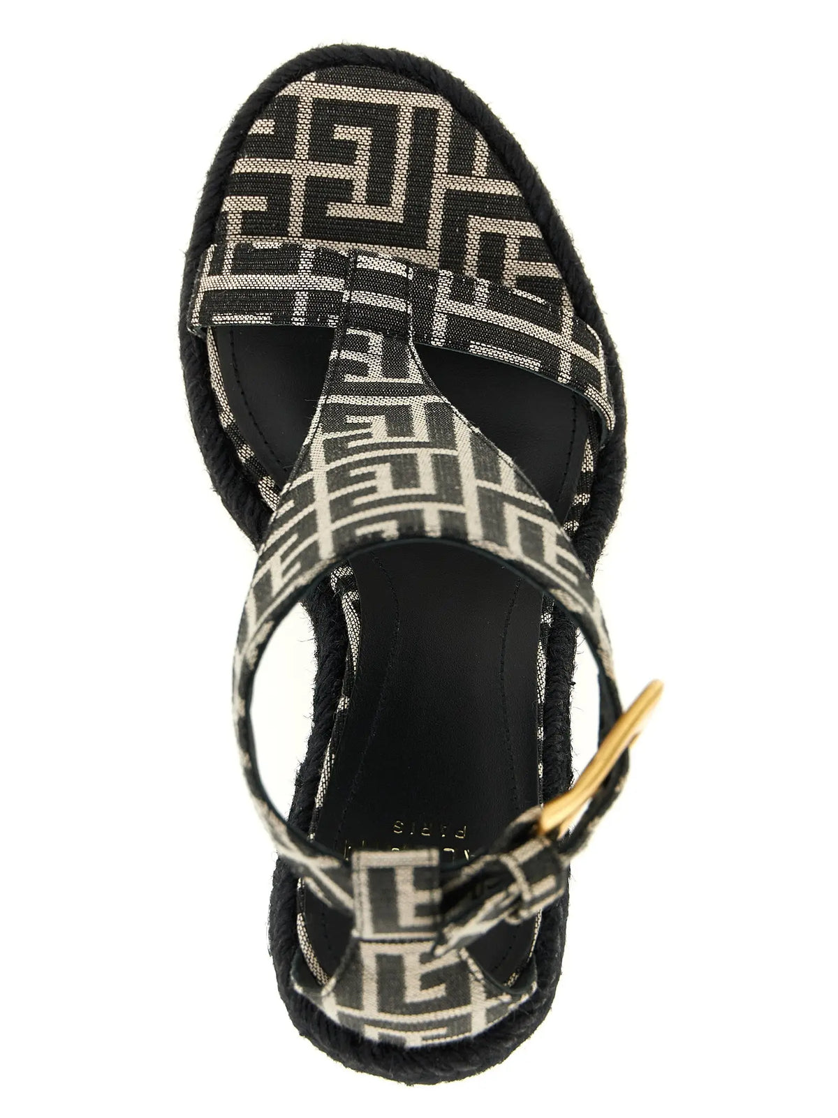Sandales compensées balmain noires en polyester avec motif noir et blanc et semelle en corde tressée