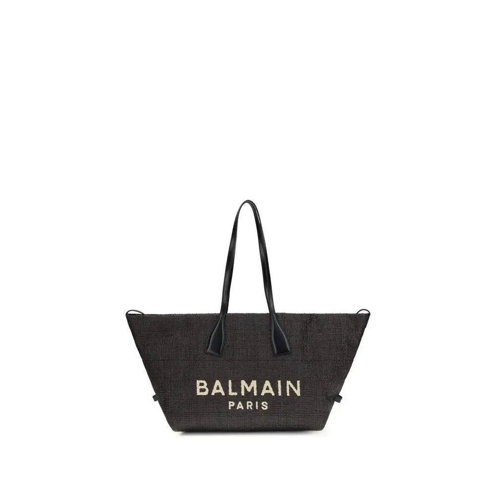 Balmain black raffia shoulder bag with woven texture and contrasting black leather handles