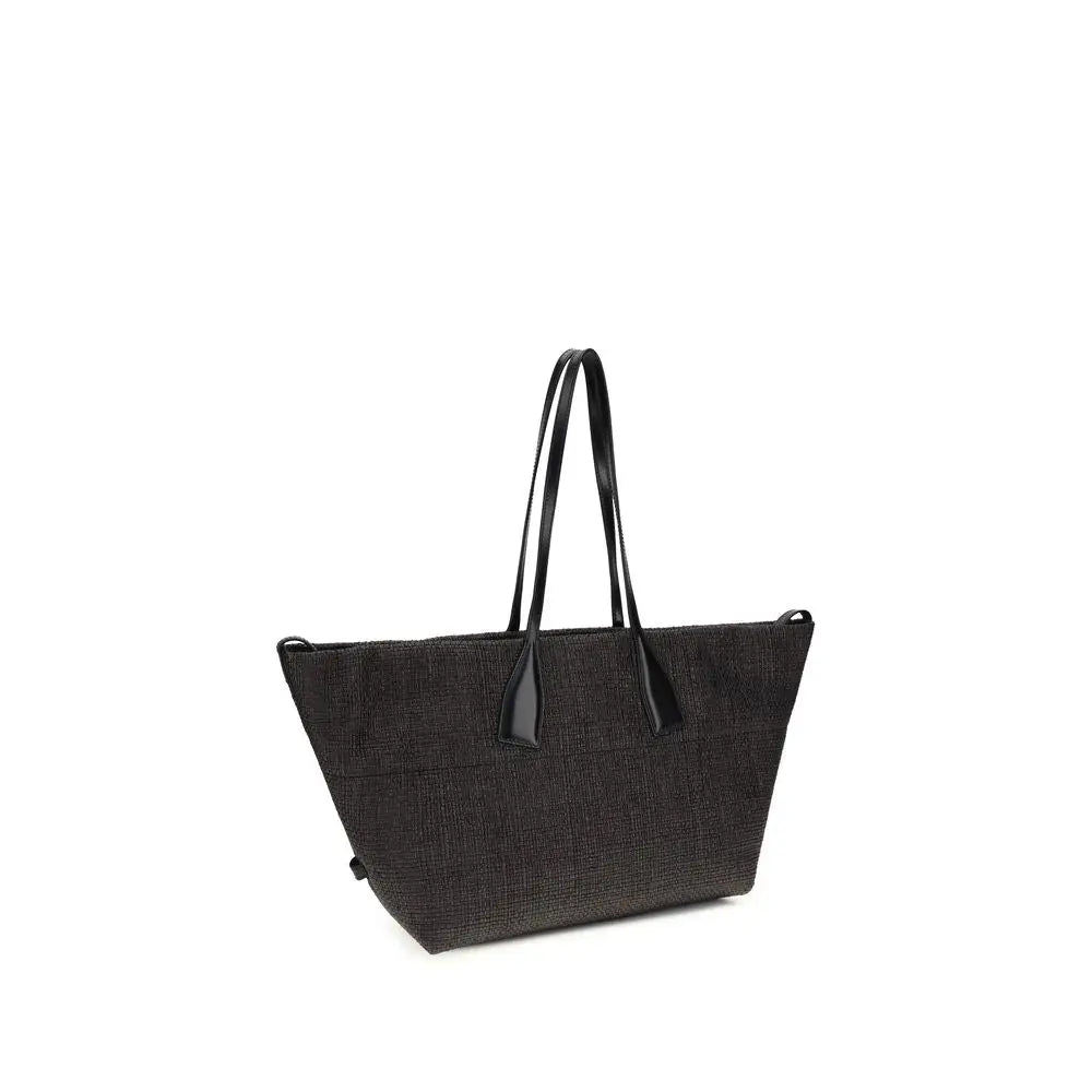 Sac cabas balmain noir en raffia tressé avec anses en cuir lisse pour épaule