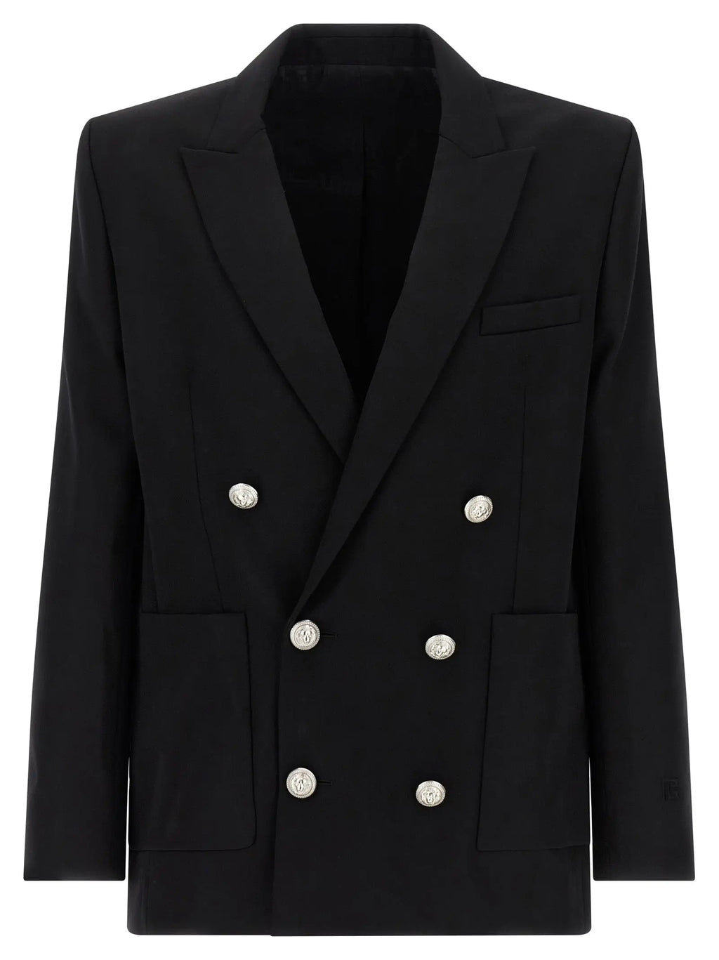 Blazer noir balmain en laine vierge avec silhouette structurée et boutons argentés double boutonnage