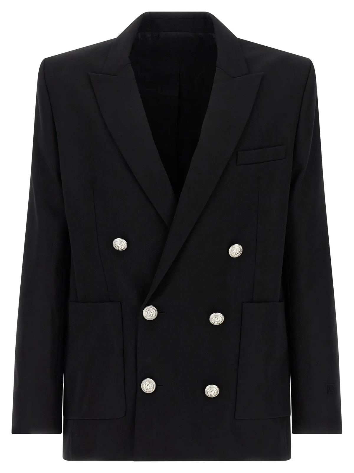 Blazer noir balmain en laine vierge avec silhouette structurée et boutons argentés double boutonnage