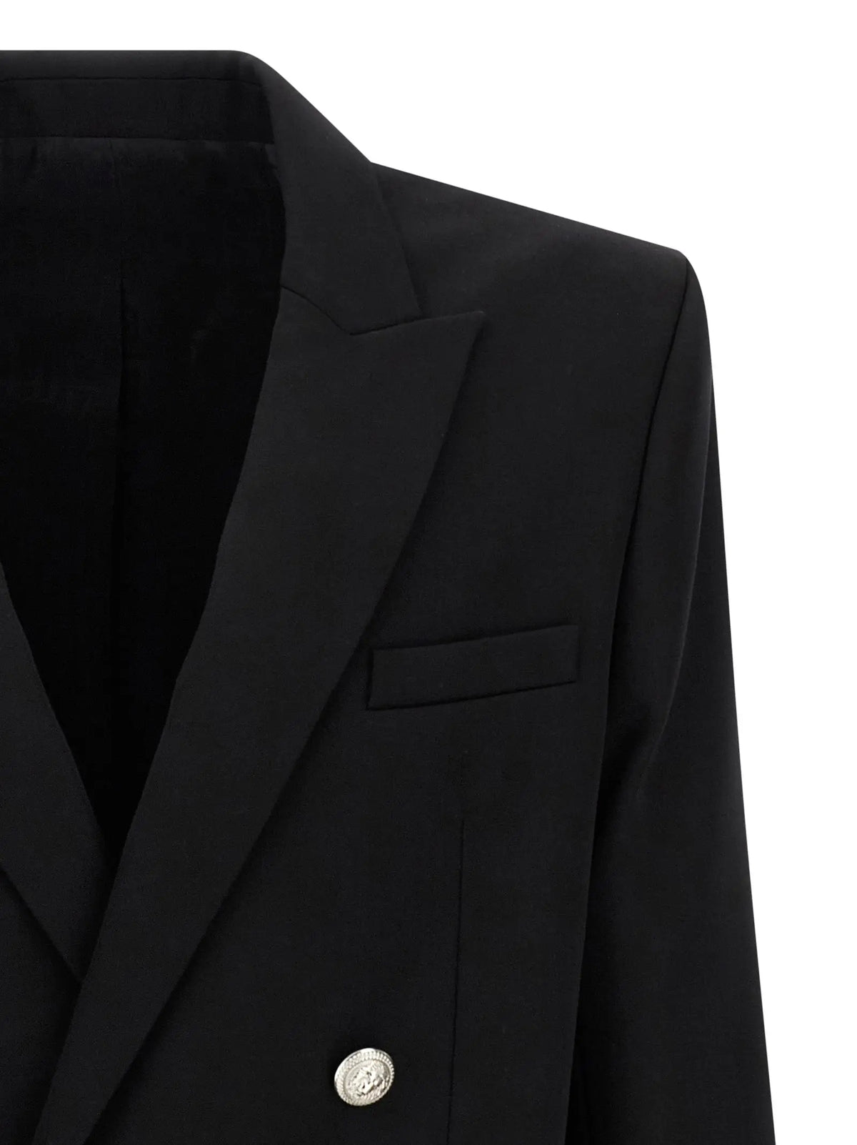 Balmain blazer noir en laine vierge avec boutons argentés tête de meduse doublé croisé
