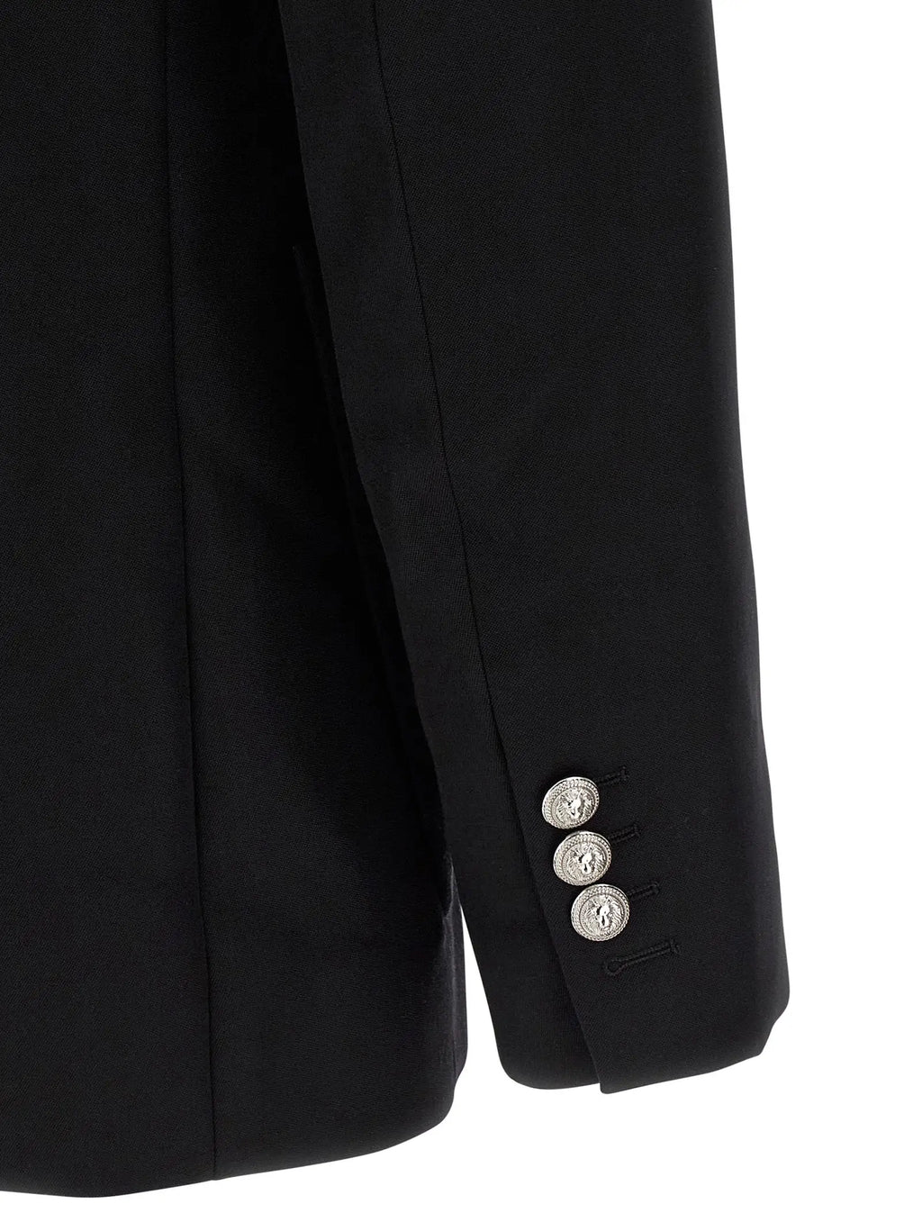 Balmain blazer noir en laine vierge avec trois boutons argentés embossés pour un style élégant