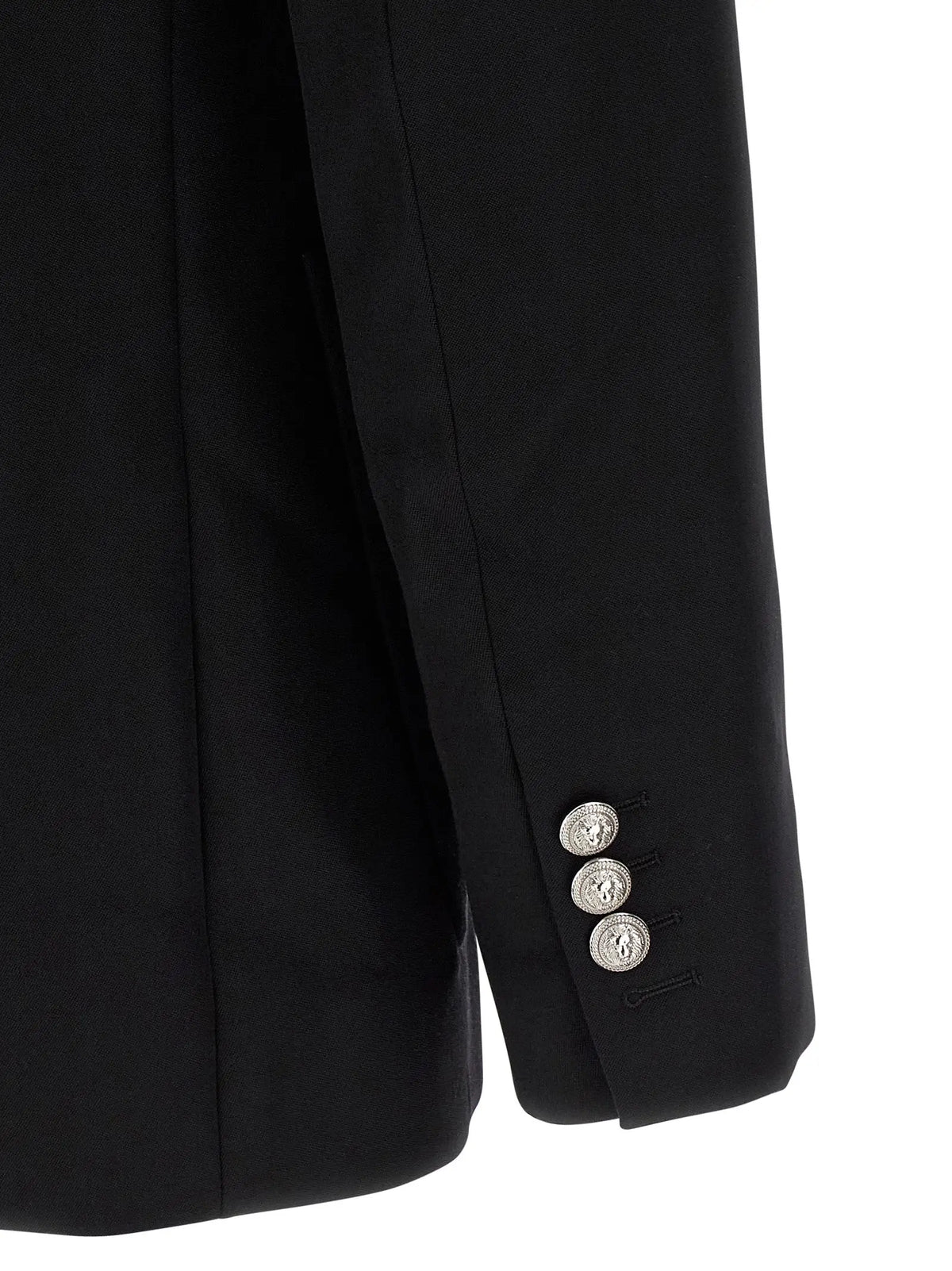 Balmain blazer noir en laine vierge avec trois boutons argentés embossés pour un style élégant