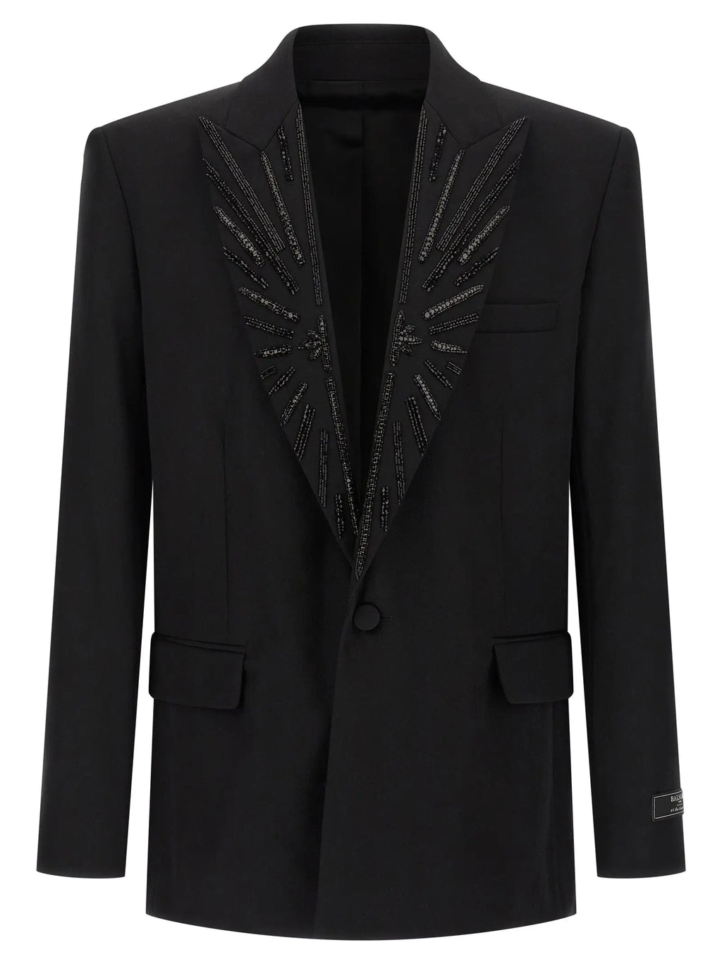 Blazer noir balmain en laine vierge avec motif soleil scintillant en sequins noirs sur les revers