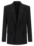 Blazer noir balmain en laine vierge avec motif soleil scintillant en sequins noirs sur les revers