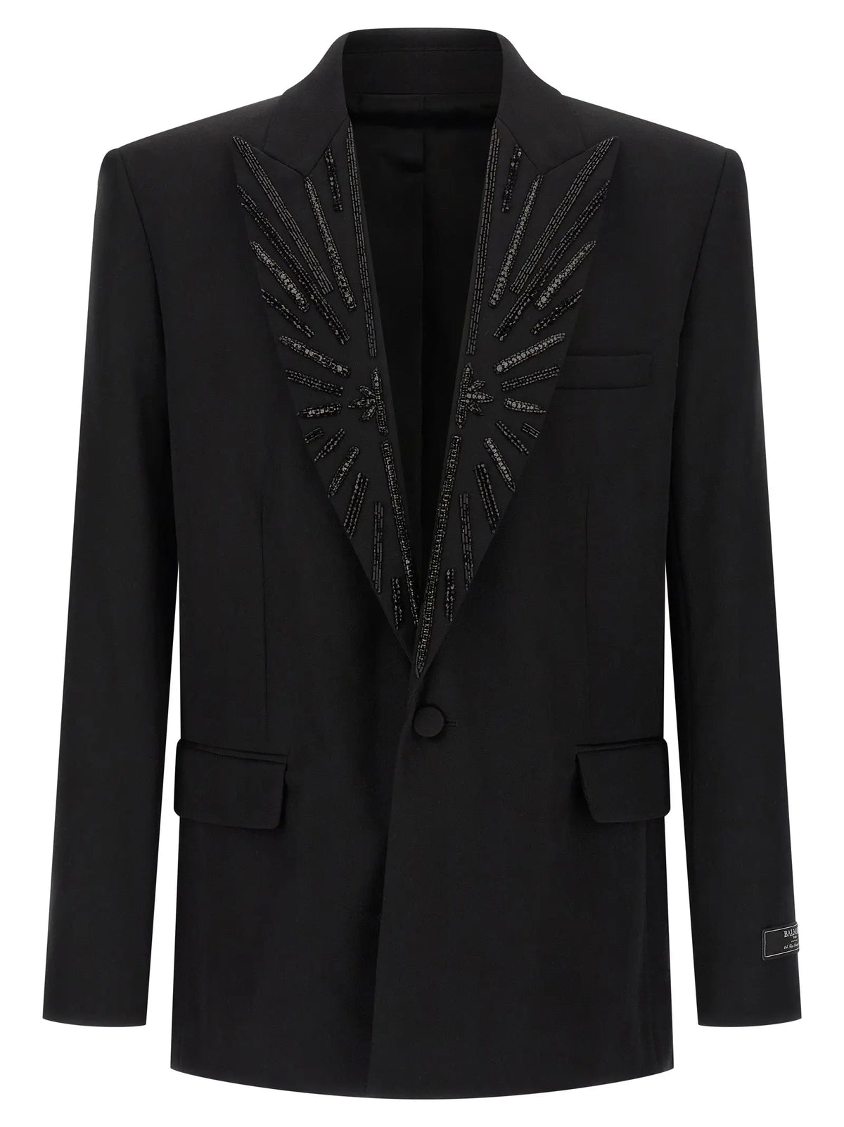 Blazer noir balmain en laine vierge avec motif soleil scintillant en sequins noirs sur les revers