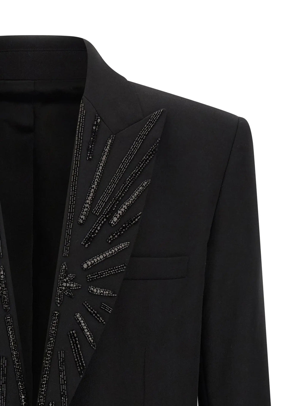 Blazer balmain noir en laine vierge avec un col à revers orné de perles détaillées