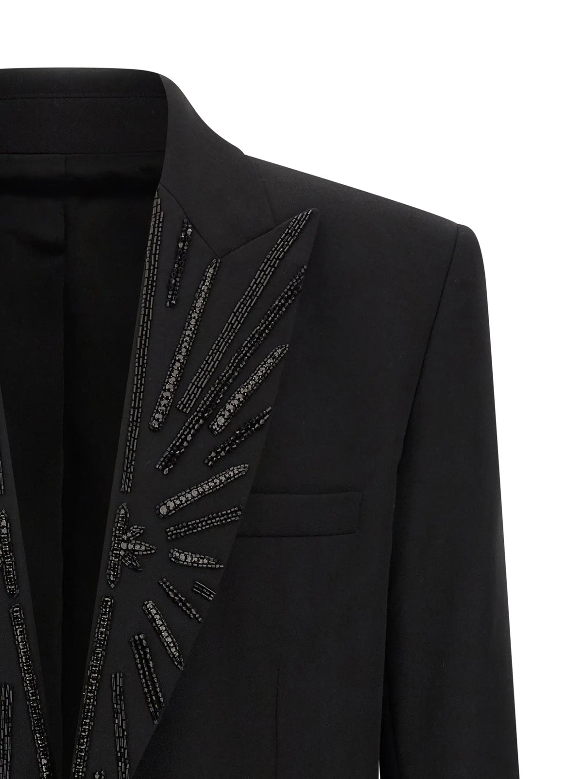 Blazer balmain noir en laine vierge avec un col à revers orné de perles détaillées