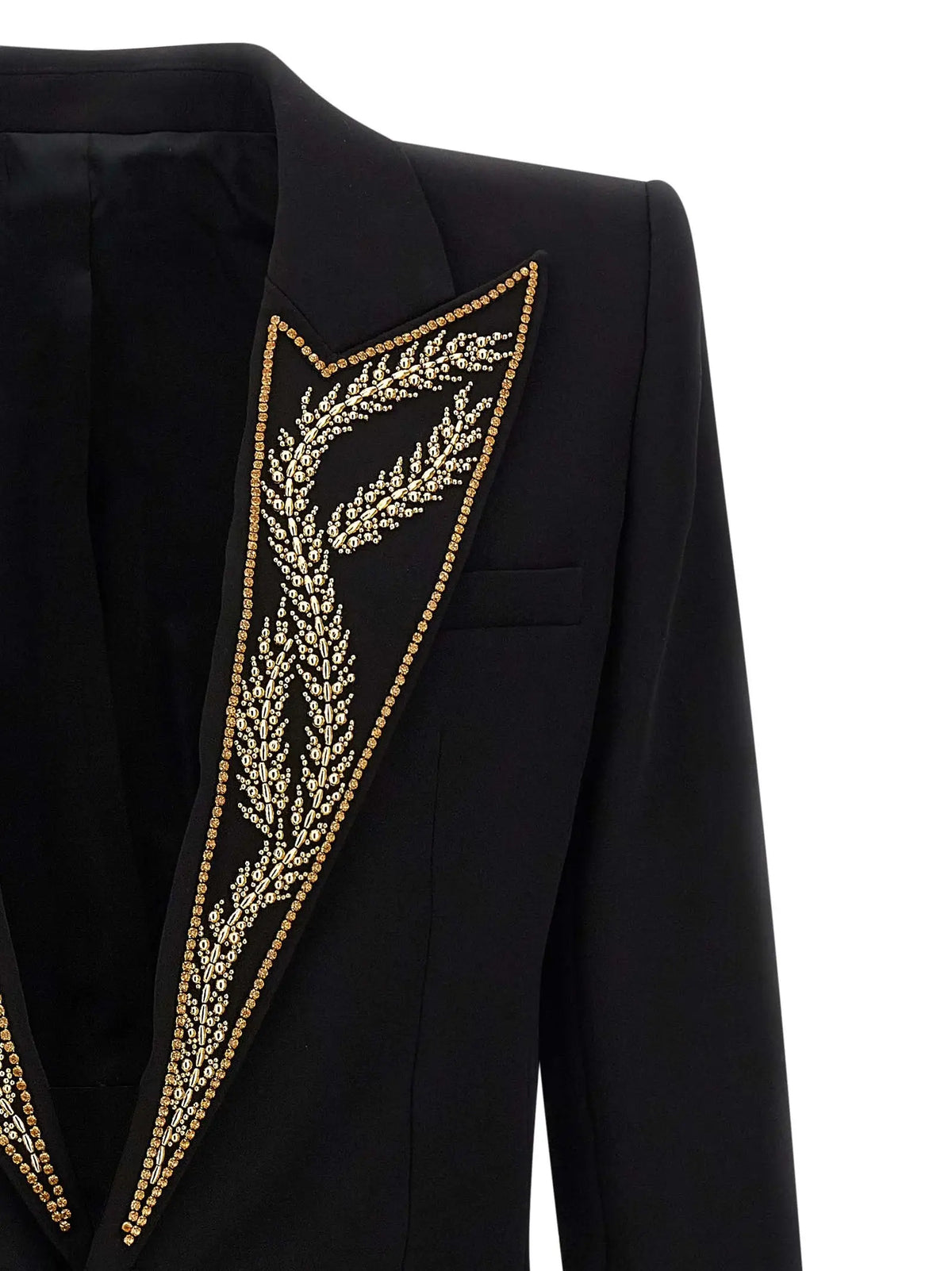 Blazer noir balmain en viscose avec ornement doré et cristaux en forme d’épis de blé sur le revers