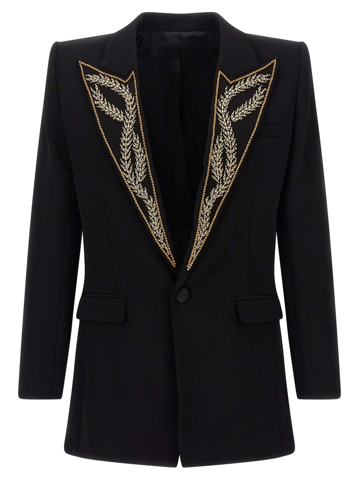 Blazer balmain noir en viscose avec broderie feuille dorée ornée sur les revers