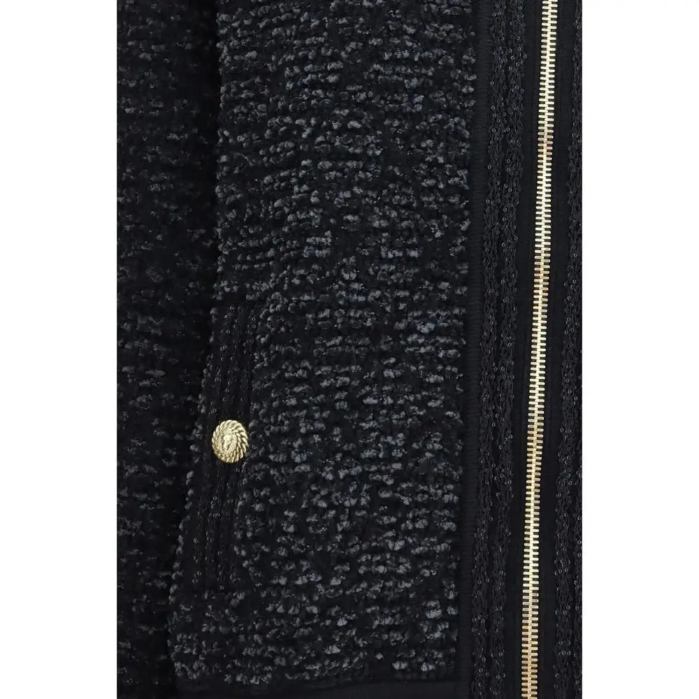 Blouson bomber balmain noir en viscose avec bouton et fermeture éclair dorés textura