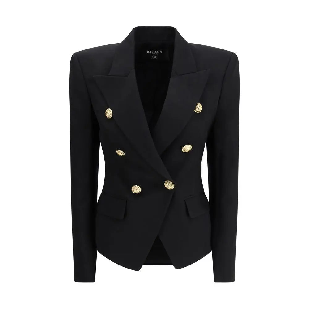 Blazer balmain noir en laine avec boutons médaillon dorés double boutonnage pour un style élégant