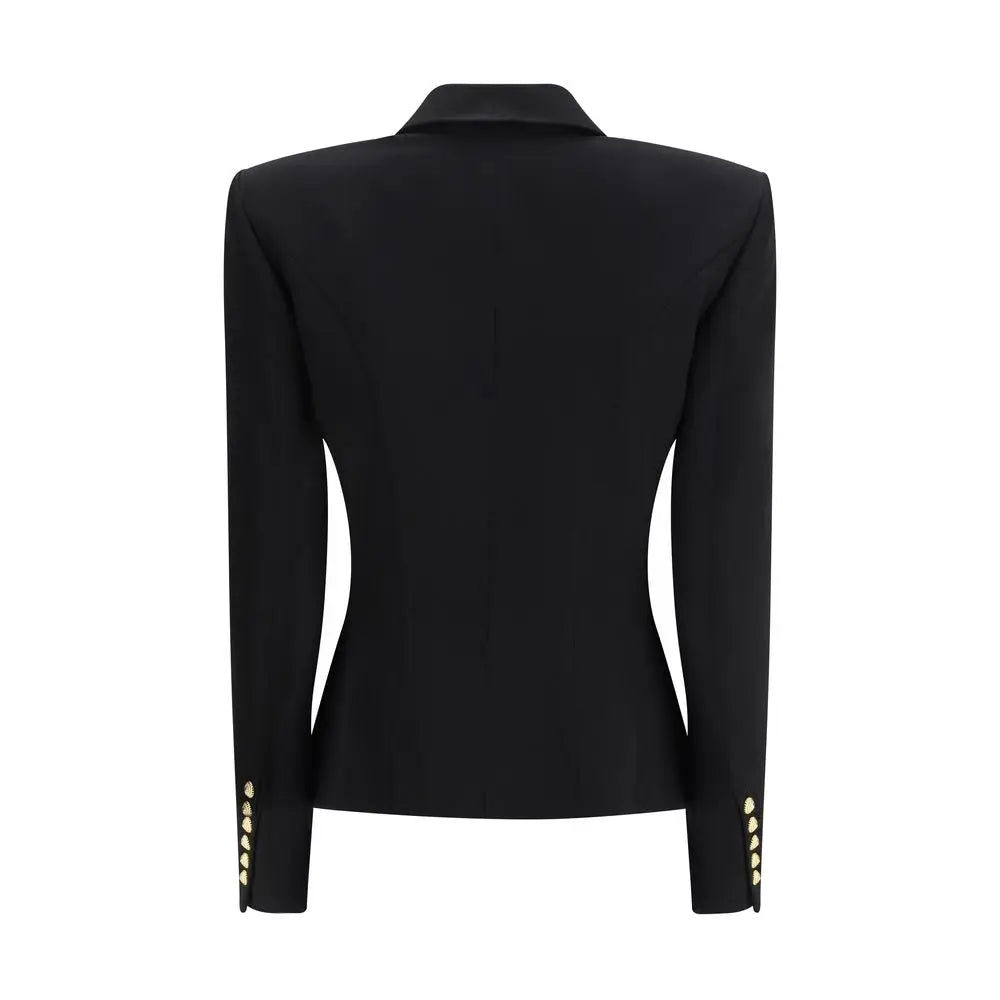 Blazer balmain noir en laine avec boutons dorés sur les poignets et coupe ajustée style tailleur