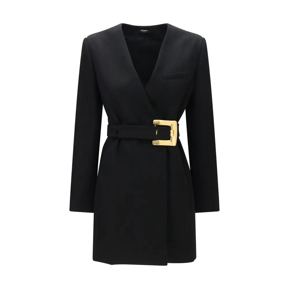 Robe blazer balmain noire en laine avec boucle rectangulaire dorée oves aries