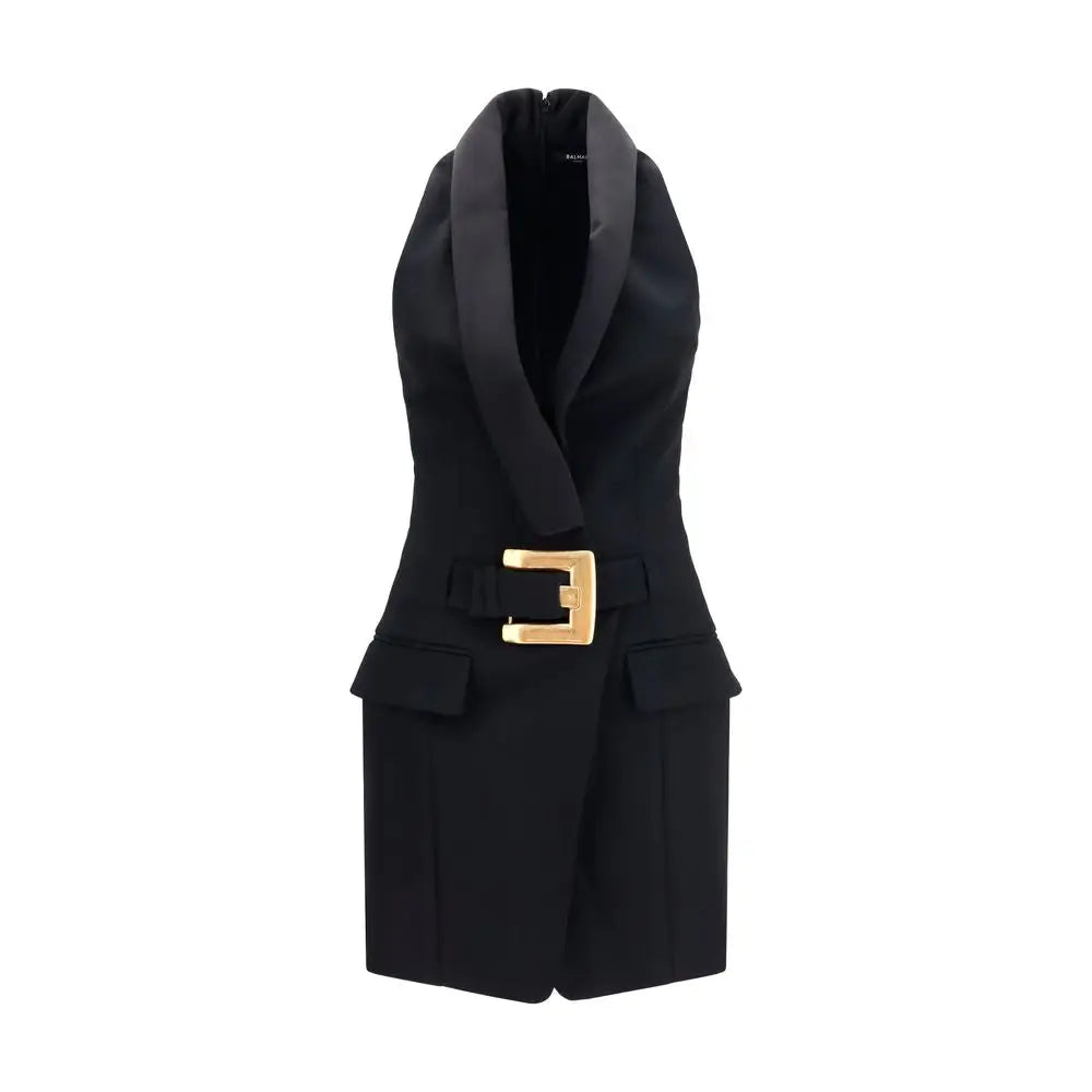 Robe casual noire balmain en laine avec col à revers structuré et ceinture dorée à boucle en métal