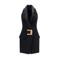 Robe casual noire balmain en laine avec col à revers structuré et ceinture dorée à boucle en métal