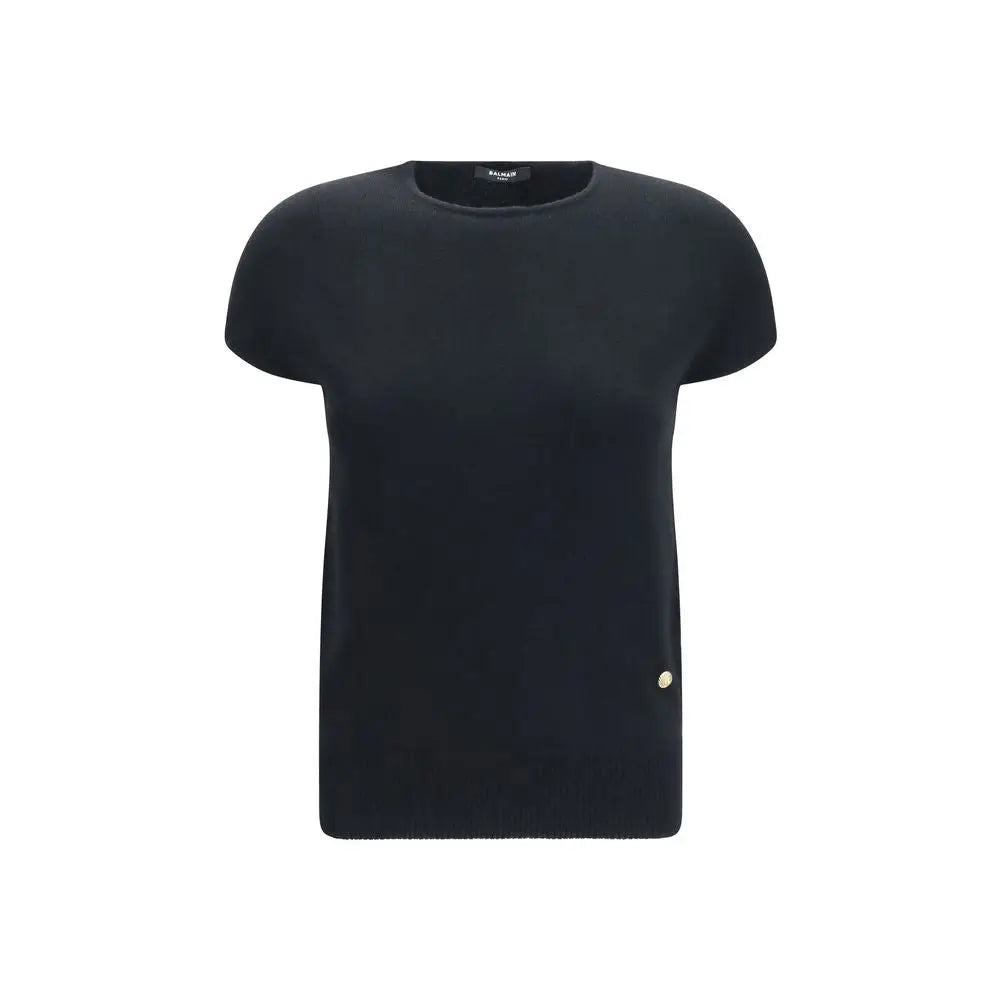 Balmain pull sans manches en laine noir avec bouton doré sur le bas à droite et col rond manches courtes