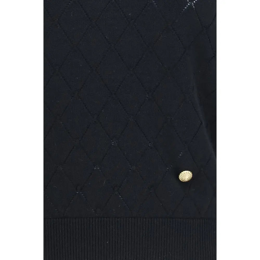 Pull sans manches balmain en laine noire avec tricot matelassé diamant et boutons dorés
