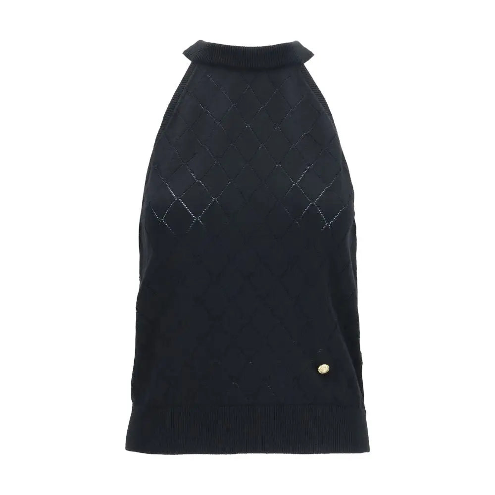 Balmain black wool oves aries sleeveless t-shirt with black knitted halter top featuring diamond pattern and ribbed neckline