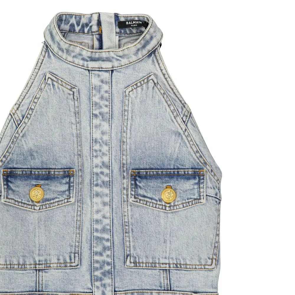 Robe décontractée balmain bleu en coton avec top en denim clair noué au cou et boutons dorés structurés