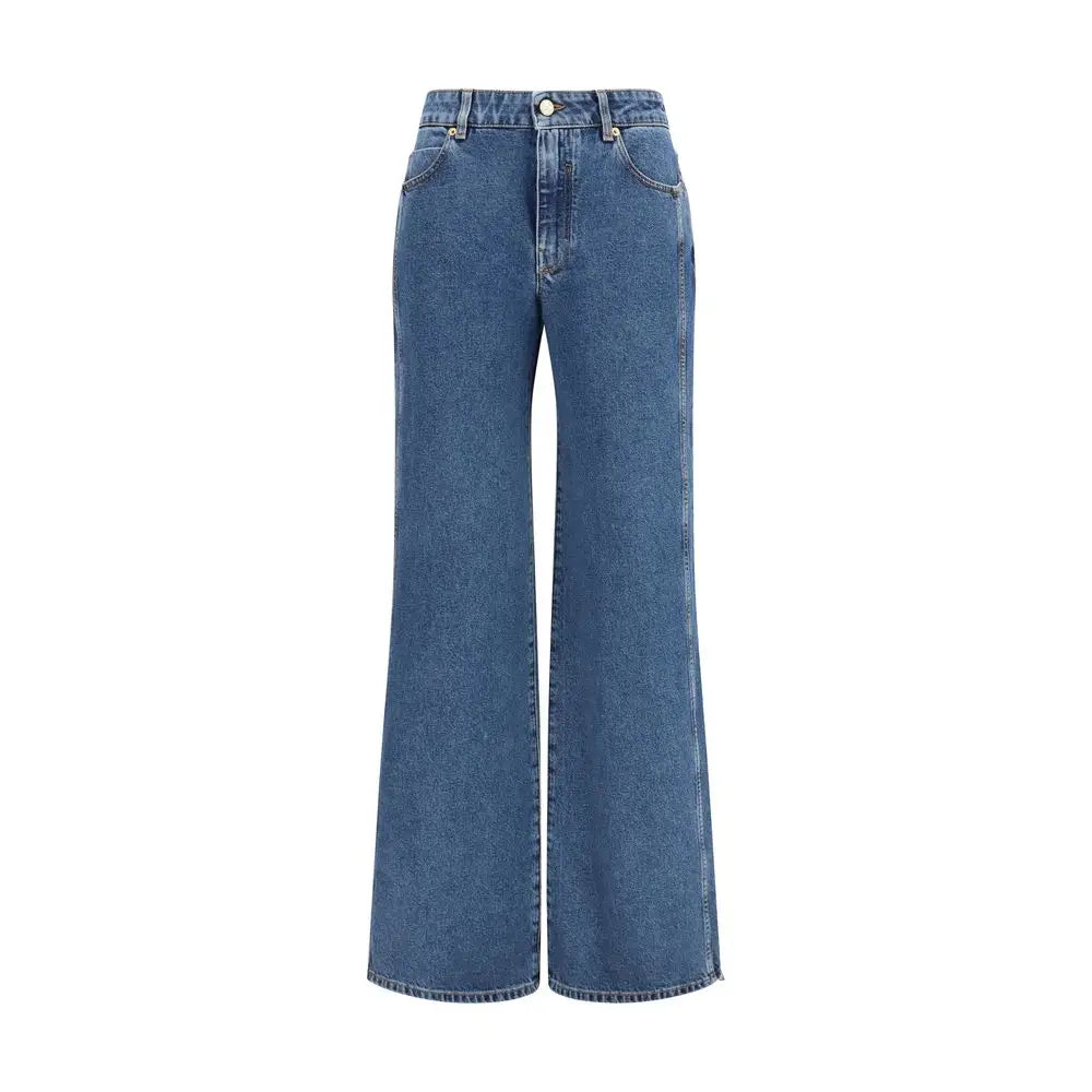 Pantalon large en jean balmain bleu en coton délavé moyen avec taille haute et cinq poches classique