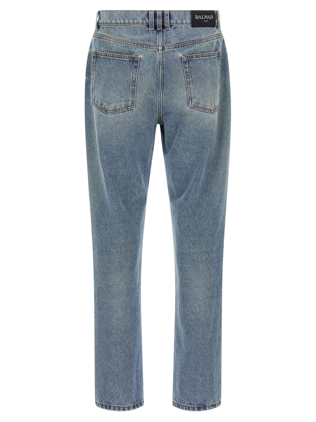 Jean en denim coton bleu clair balmain paris coupe droite avec poches arrière classiques vu de dos